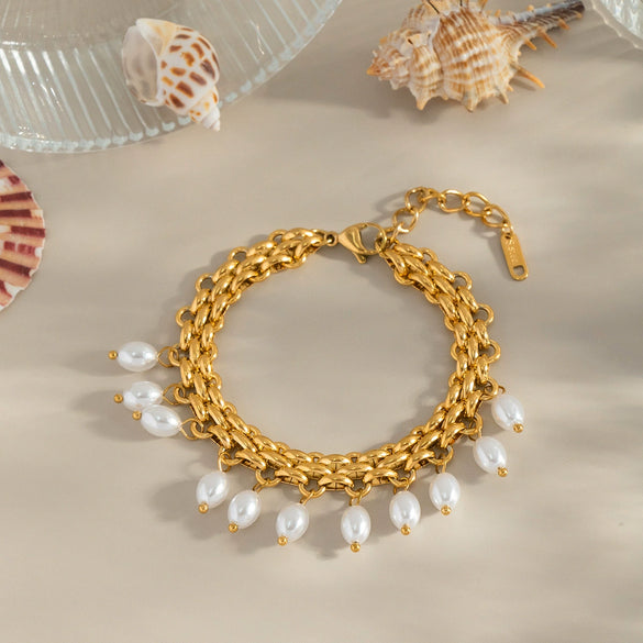 Wholesale Women's Light Luxury Stainless Steel Pearl Necklace And Bracelet With Marine Life Pattern Pvd Vacuum Real Gold Electroplating
