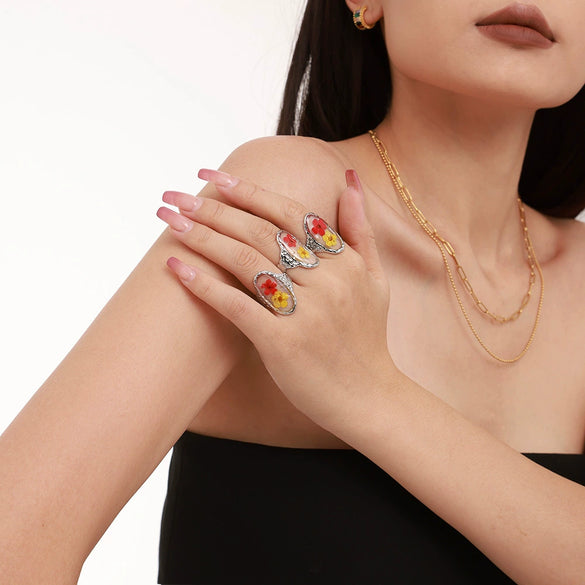 Wholesale Women's Light Luxury 316L Stainless Steel Resin Geometric Electroplated Dried Flower Opening Finger Ring