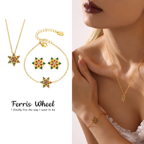 Wholesale Women's Light Luxury Stainless Steel Zircon Ferris Wheel Snowflake Handmade Electroplated Inlaid Necklace Earring Bracelet Set