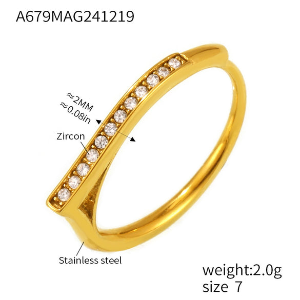 Wholesale Women's Light Luxury Stainless Steel Zircon Ring With Geometric Pattern And Microinlaid Zircon Electroplated With 18K Gold