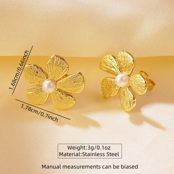Wholesale Women's Light Luxury Stamped Stainless Steel Flower Pearl Earrings