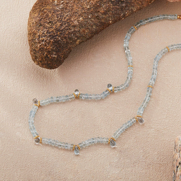 Wholesale Women's Light Luxury Style Aquamarine Natural Gemstone Beads S925 Sterling Silver Clavicle Chain Jewelry Set With Gems
