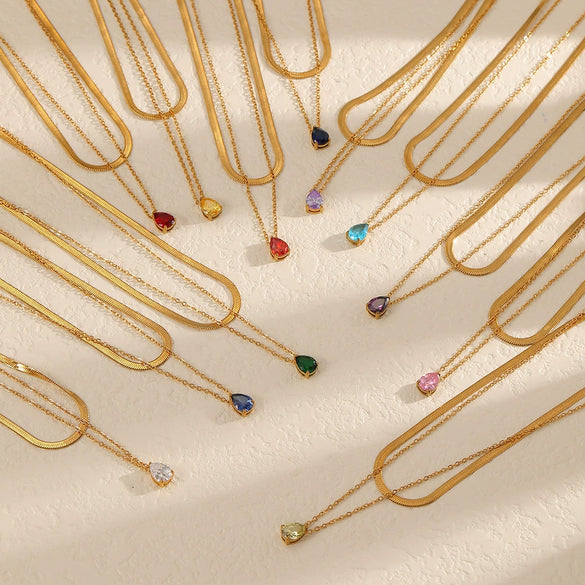 Wholesale Women's Light Luxury Style Colorful Zircon Stainless Steel Drop Shape Pendant Stacked Clavicle Chain Necklace With Pvd Furnace Vacuum Real Gold Plating