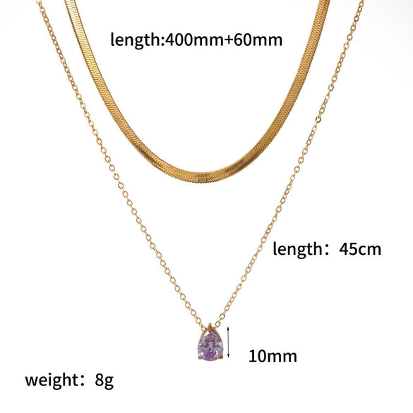 Wholesale Women's Light Luxury Style Colorful Zircon Stainless Steel Drop Shape Pendant Stacked Clavicle Chain Necklace With Pvd Furnace Vacuum Real Gold Plating