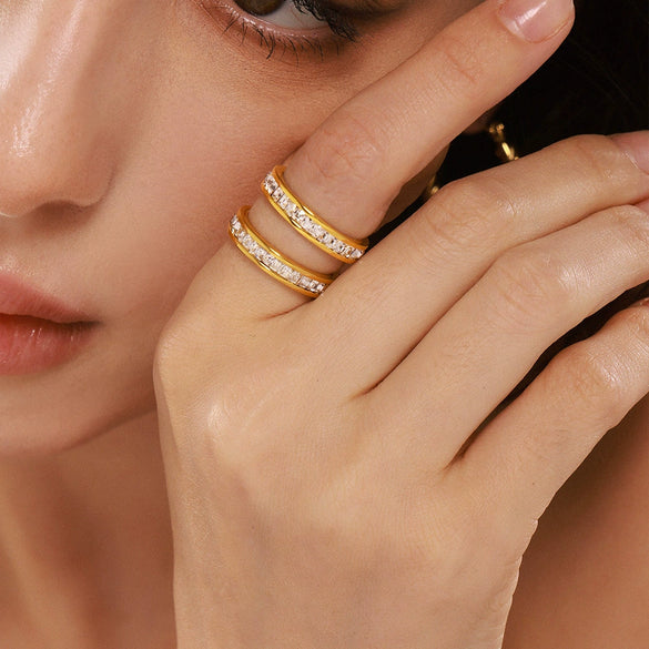 Wholesale Women's Light Luxury Style Doublelayer Zircon Ring Geometric 316L Stainless Steel 18K Gold Plated