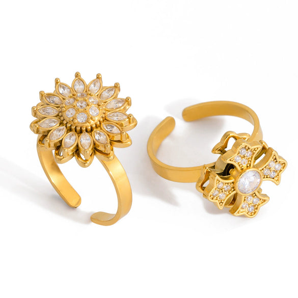 Wholesale Women's Light Luxury Style Electroplated Stainless Steel Flower Pattern Rotating Ring Jewelry