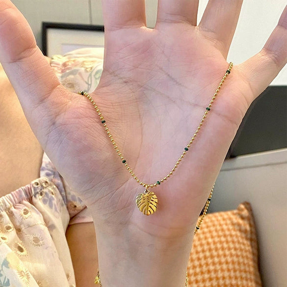 Wholesale Women's Light Luxury Style Electroplated Stainless Steel Leaf Pendant Ball Chain Necklace