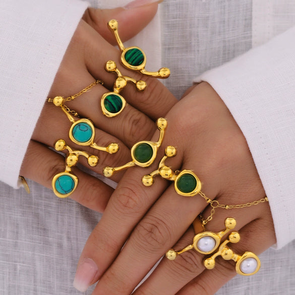 Wholesale Women's Light Luxury Style Geometric Stainless Steel Natural Stone Shell Bead Ring With Electroplating