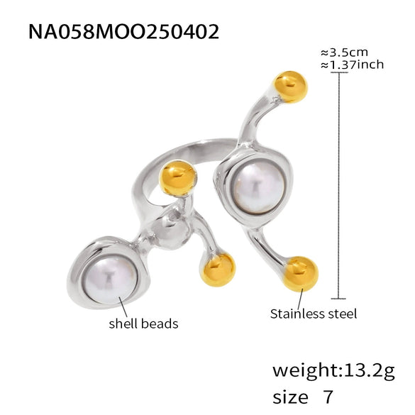 Wholesale Women's Light Luxury Style Geometric Stainless Steel Natural Stone Shell Bead Ring With Electroplating
