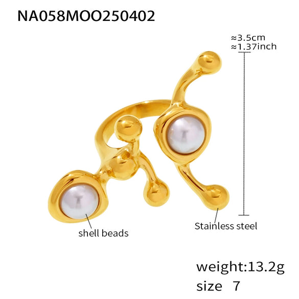 Wholesale Women's Light Luxury Style Geometric Stainless Steel Natural Stone Shell Bead Ring With Electroplating