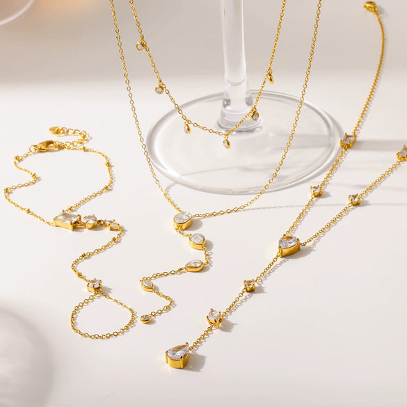 Wholesale Women's Light Luxury Style Geometric Stainless Steel Necklace And Bracelet Jewelry Set With Multiple Zircon Stones And Pvd Furnace Vacuum Real Gold Plating