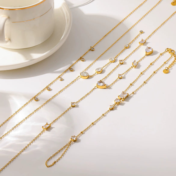 Wholesale Women's Light Luxury Style Geometric Stainless Steel Necklace And Bracelet Jewelry Set With Multiple Zircon Stones And Pvd Furnace Vacuum Real Gold Plating