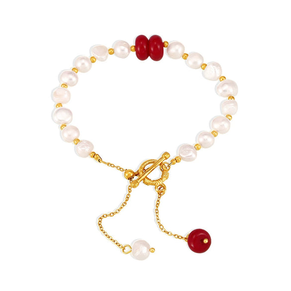 Wholesale Women's Light Luxury Style Geometric Titanium Steel Freshwater Pearl Natural Stone Bracelet With Electroplating Design And Tassel Ot Buckle