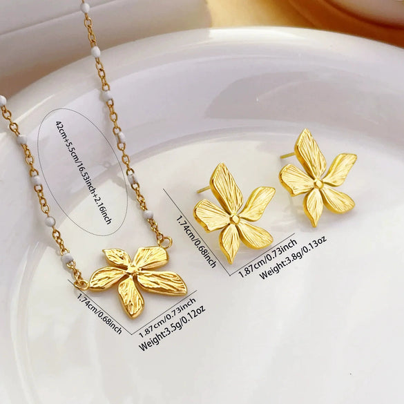 Wholesale Women's Light Luxury Style Gold Plated Stainless Steel Flower Cross Chain Necklace And Earrings Jewelry