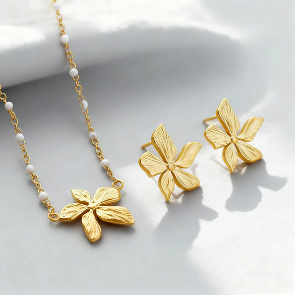 Wholesale Women's Light Luxury Style Gold Plated Stainless Steel Flower Cross Chain Necklace And Earrings Jewelry