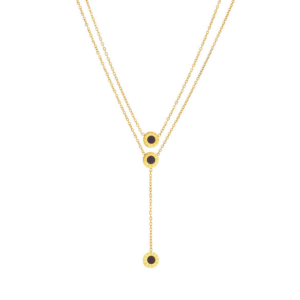 Wholesale Women's Light Luxury Style Gold Plated Stainless Steel Layered Necklace With Black Round And Roman Numeral Pendants