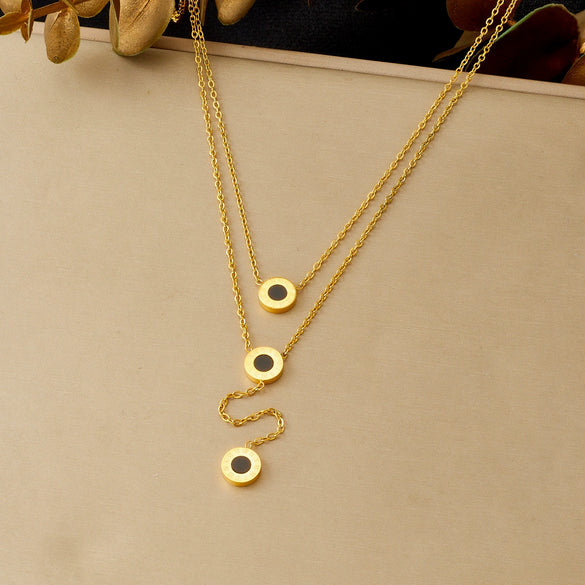 Wholesale Women's Light Luxury Style Gold Plated Stainless Steel Layered Necklace With Black Round And Roman Numeral Pendants