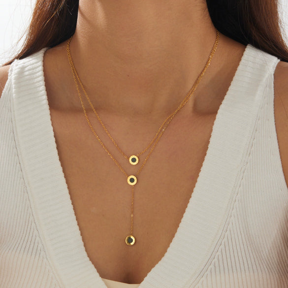 Wholesale Women's Light Luxury Style Gold Plated Stainless Steel Layered Necklace With Black Round And Roman Numeral Pendants