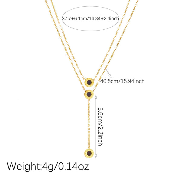 Wholesale Women's Light Luxury Style Gold Plated Stainless Steel Layered Necklace With Black Round And Roman Numeral Pendants
