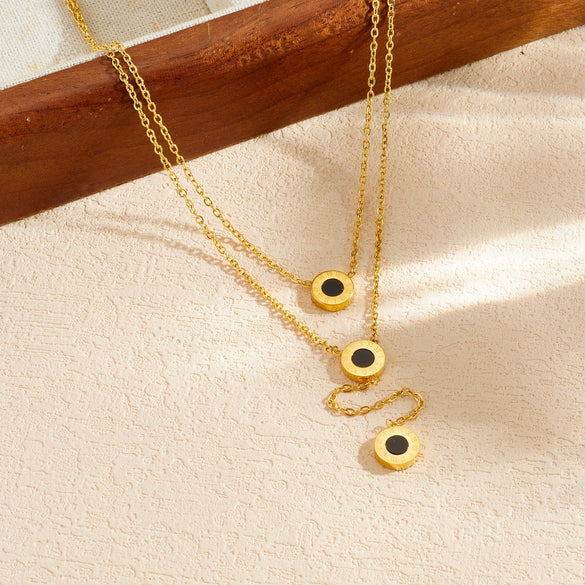 Wholesale Women's Light Luxury Style Gold Plated Stainless Steel Layered Necklace With Black Round And Roman Numeral Pendants