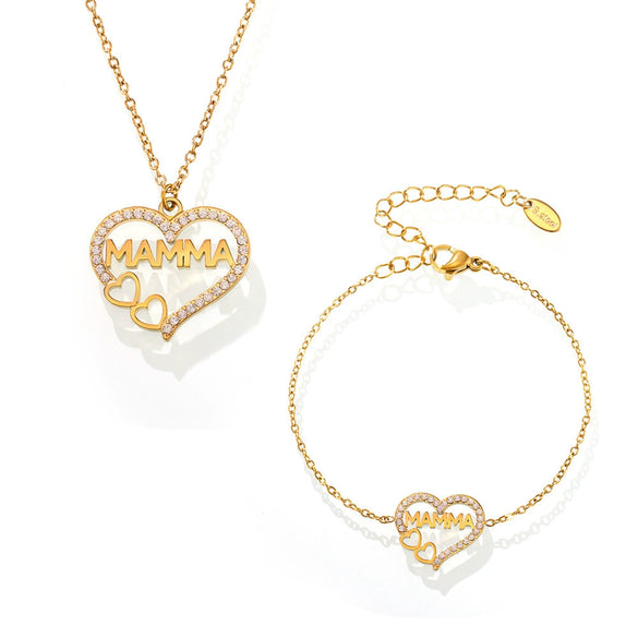 Wholesale Women's Light Luxury Style Heart Water Drop Bell Pattern Titanium Steel Zircon 18K Gold Pvd Plated Necklace Bracelet Set