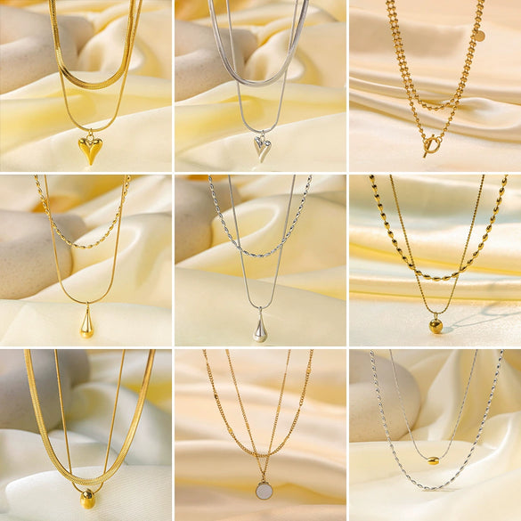 Wholesale Women's Light Luxury Style 18K Gold Plated Heart And Drop Shape Titanium Steel Snake Bone Chain Doublelayer Necklace
