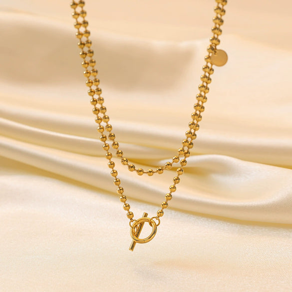 Wholesale Women's Light Luxury Style 18K Gold Plated Heart And Drop Shape Titanium Steel Snake Bone Chain Doublelayer Necklace
