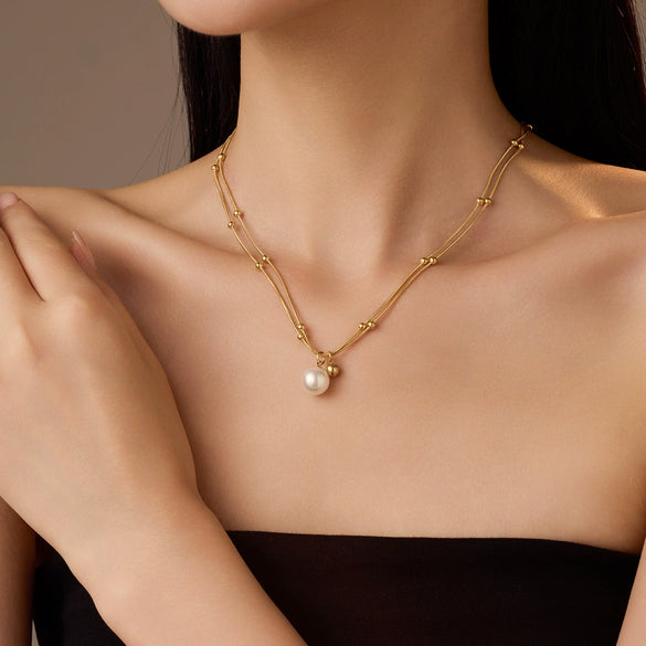 Wholesale Women's Light Luxury Style 18K Gold Plated Heart And Drop Shape Titanium Steel Snake Bone Chain Doublelayer Necklace
