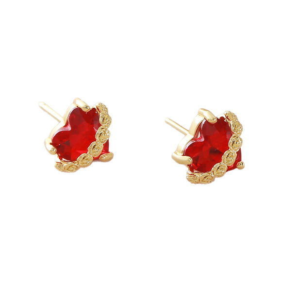 Wholesale Women's Light Luxury Style 18K Goldplated Copper Red Heartshaped Zircon Stud Earrings Jewelry Accessories