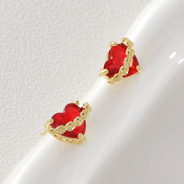 Wholesale Women's Light Luxury Style 18K Goldplated Copper Red Heartshaped Zircon Stud Earrings Jewelry Accessories