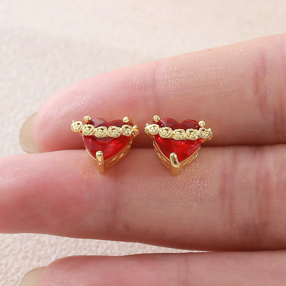 Wholesale Women's Light Luxury Style 18K Goldplated Copper Red Heartshaped Zircon Stud Earrings Jewelry Accessories