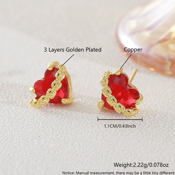 Wholesale Women's Light Luxury Style 18K Goldplated Copper Red Heartshaped Zircon Stud Earrings Jewelry Accessories