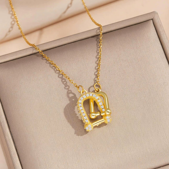 Wholesale Women's Light Luxury Style Real Gold Plated Copper Inlaid With Zircon Oshaped Chain Necklace With Ushaped Letters And Numbers Pendant