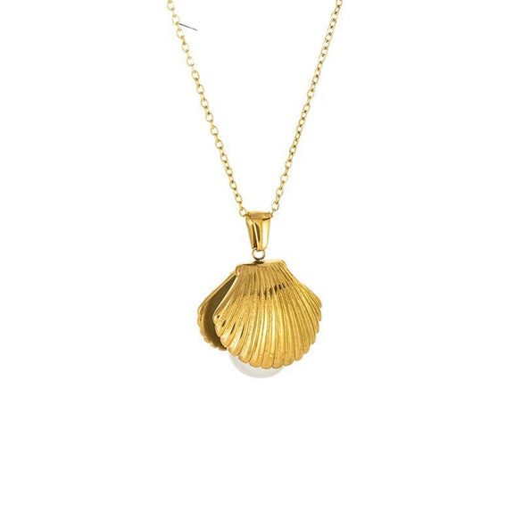 Wholesale Women's Light Luxury Style Shell Pattern Stainless Steel 18K Goldplated Pearl Necklace