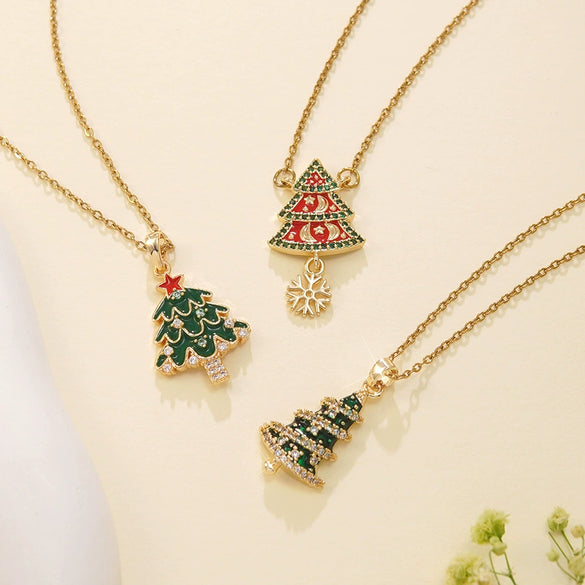 Wholesale Women's Light Luxury Style Stainless Steel And Copper Necklace With Glass Inlay Of Cartoon Characters Christmas Tree And Bow