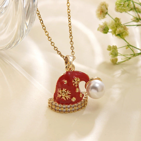 Wholesale Women's Light Luxury Style Stainless Steel And Copper Necklace With Glass Inlay Of Cartoon Characters Christmas Tree And Bow