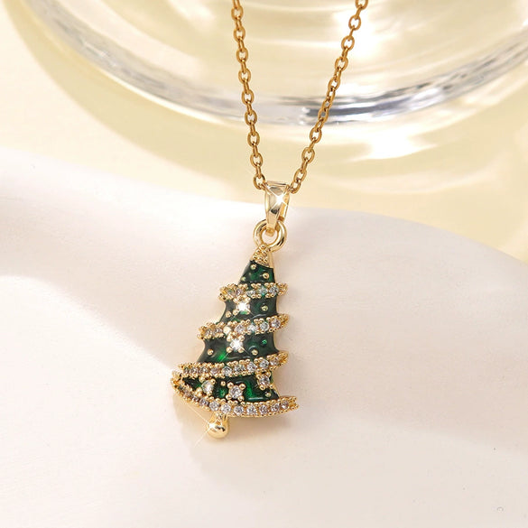 Wholesale Women's Light Luxury Style Stainless Steel And Copper Necklace With Glass Inlay Of Cartoon Characters Christmas Tree And Bow