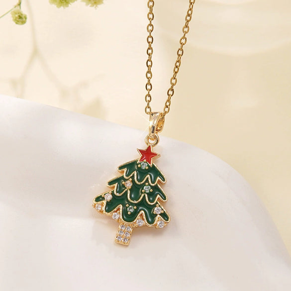 Wholesale Women's Light Luxury Style Stainless Steel And Copper Necklace With Glass Inlay Of Cartoon Characters Christmas Tree And Bow