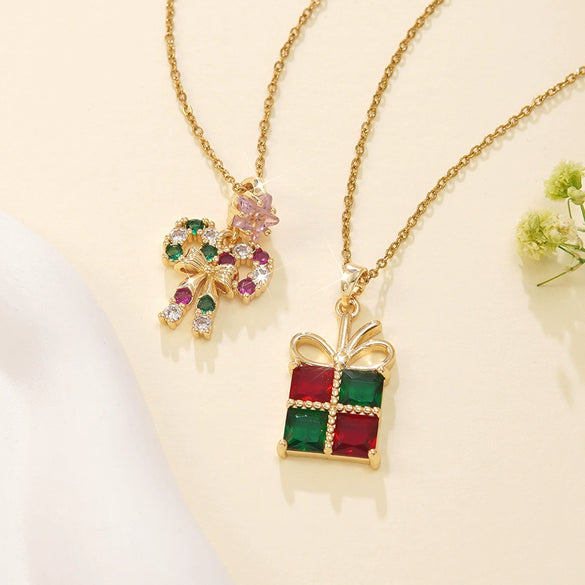 Wholesale Women's Light Luxury Style Stainless Steel And Copper Necklace With Glass Inlay Of Cartoon Characters Christmas Tree And Bow