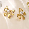 Wholesale Women's Light Luxury Style Stainless Steel Electroplated Bow Tie Pearl Earrings