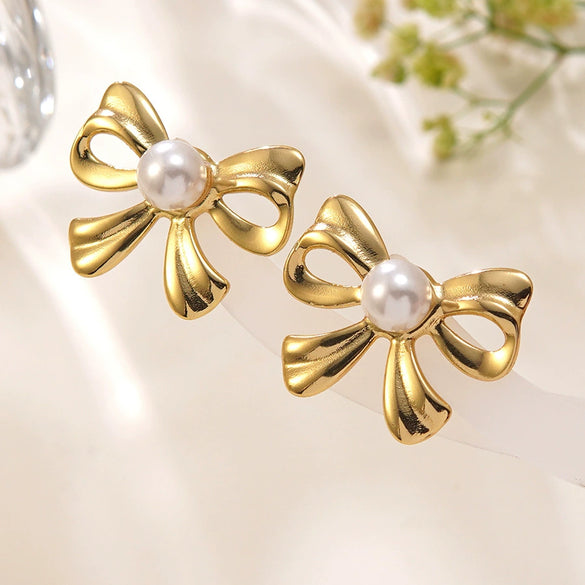 Wholesale Women's Light Luxury Style Stainless Steel Electroplated Bow Tie Pearl Earrings