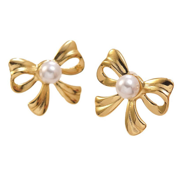 Wholesale Women's Light Luxury Style Stainless Steel Electroplated Bow Tie Pearl Earrings