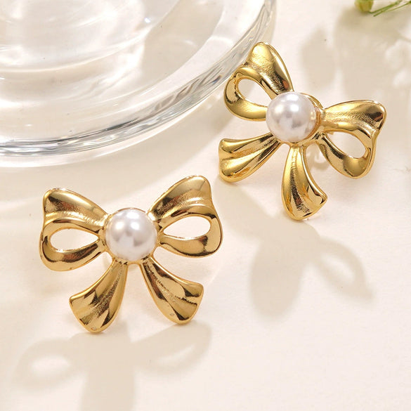 Wholesale Women's Light Luxury Style Stainless Steel Electroplated Bow Tie Pearl Earrings