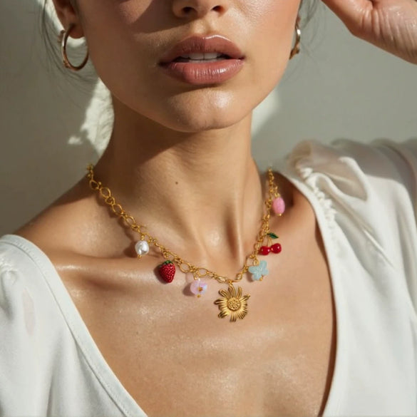 Wholesale Women's Light Luxury Style Stainless Steel Electroplated Necklace With Heart Shape Fruit Flower Bow Insect Leaf Ushaped Star Animal Zodiac Patterns