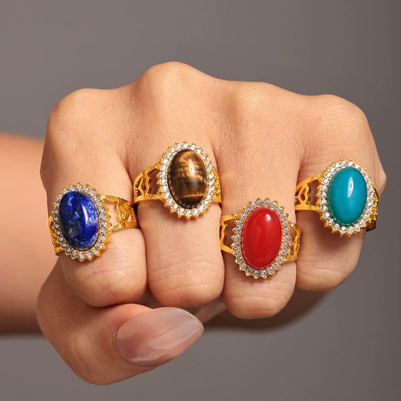 Wholesale Women's Light Luxury Style Stainless Steel Natural Zircon Stone Open Ring With Wave And Geometric Pattern Pvd Electroplated