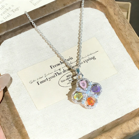 Wholesale Women's Light Luxury Style Titanium Steel Necklace With Zircon Inlaid Copper Flower Pendant And Oshaped Chain
