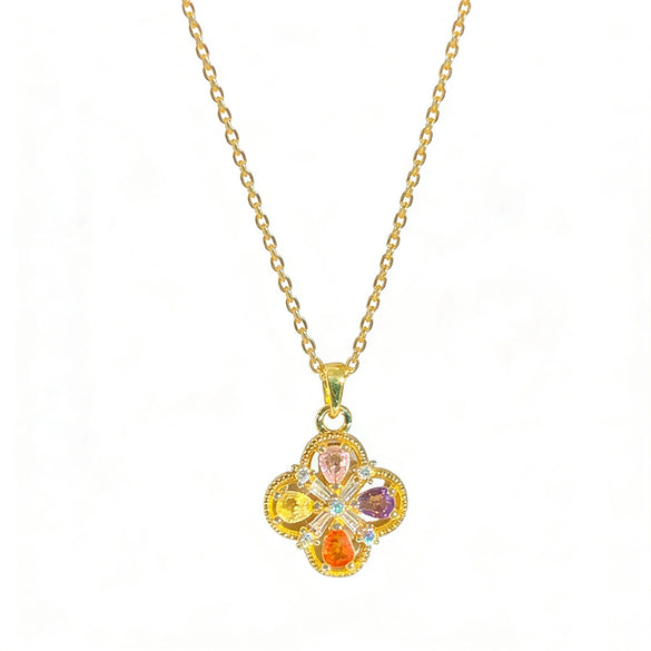 Wholesale Women's Light Luxury Style Titanium Steel Necklace With Zircon Inlaid Copper Flower Pendant And Oshaped Chain