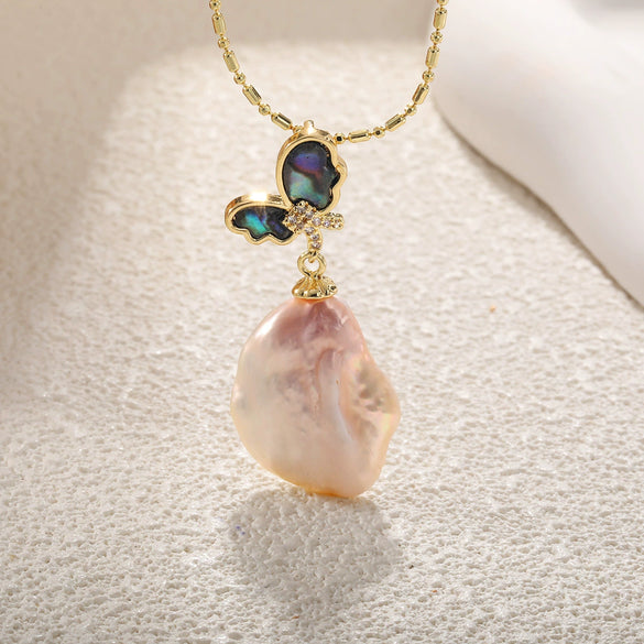 Wholesale Women's Light Luxury Sweet Style Copper Gold Plated Freshwater Baroque Pearl Necklace With Butterfly Flower Drop Shape Design