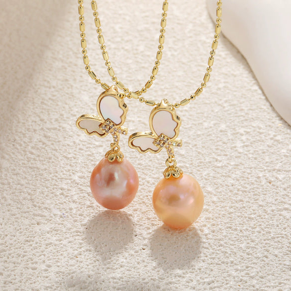 Wholesale Women's Light Luxury Sweet Style Copper Gold Plated Freshwater Baroque Pearl Necklace With Butterfly Flower Drop Shape Design