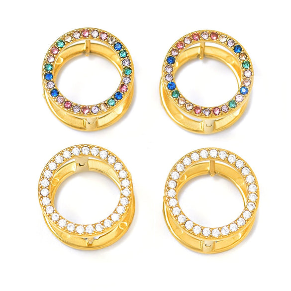 Wholesale Women's Light Luxury Texturized Stainless Steel Mixed Color Zircon Doublesided Circle Earrings Pvd Gold Plated Geometric Design